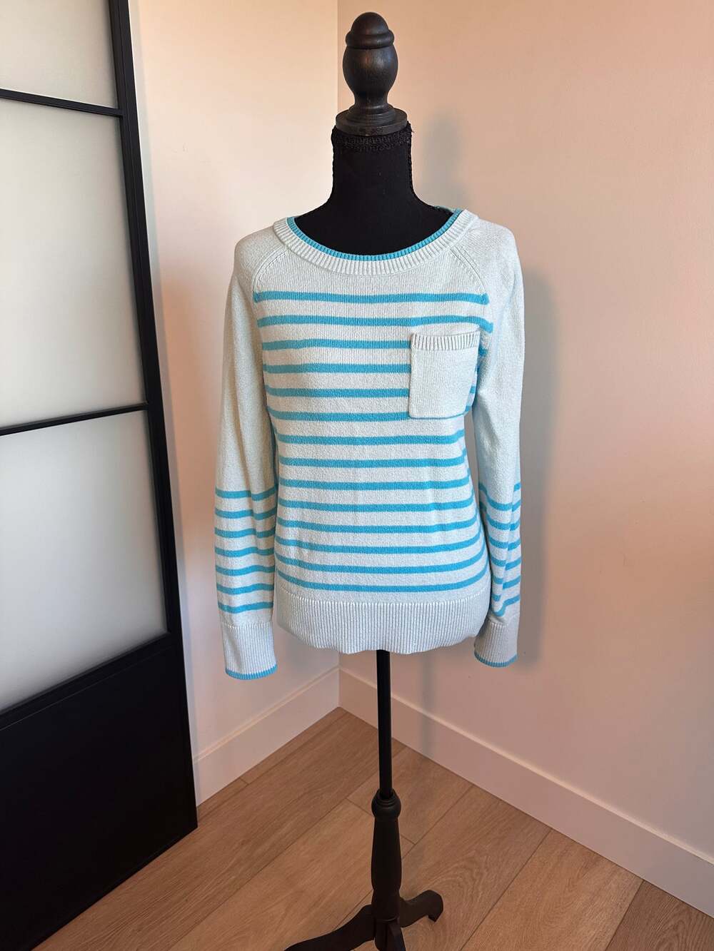 Talbots Turquoise and Teal Crewneck Striped Sweater Large